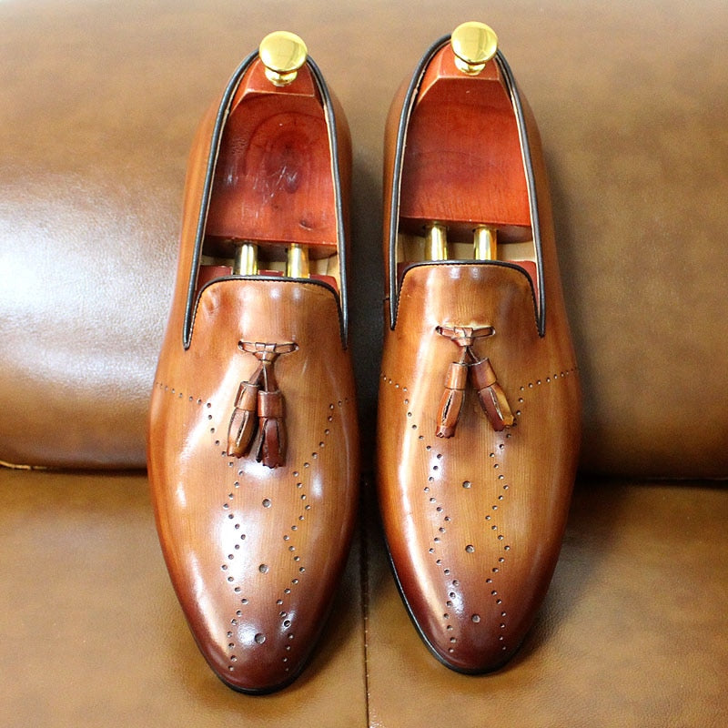 FELIX CHU Men&#39;s Tassel Loafers Calf Genuine Leather Wedding Party Men Casual Dress Shoes Fashion Gentleman Stree Style Men Shoes - kmtell.com