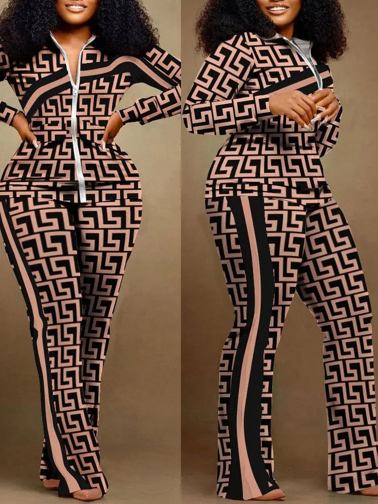 Elegant Women Sets Autumn Long Sleeve Plaid Print Zipper Top Slim Plare Pants Casual 2 Piece Set 2022 Fashion Sports Lady Suits - kmtell.com