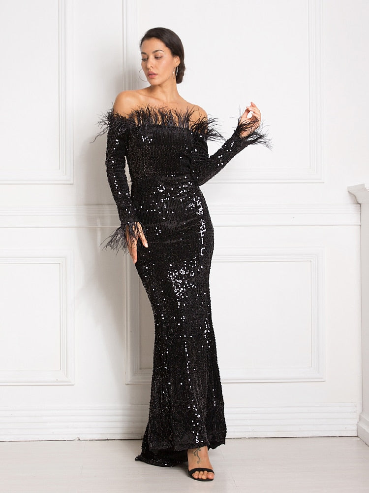 Black Feather Patchwork Sequined Maxi Dress Slash Neck Stretch Bodycon Floor Length Sleeveless Long Evening Party Dress Gown - kmtell.com