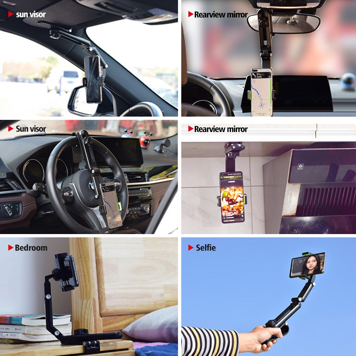1080° Rotatable Car Rearview Mirror Phone Holder Sun Visor Cellphone Mount Stand For Car Telescopic Auto Mobile Phone Support - kmtell.com