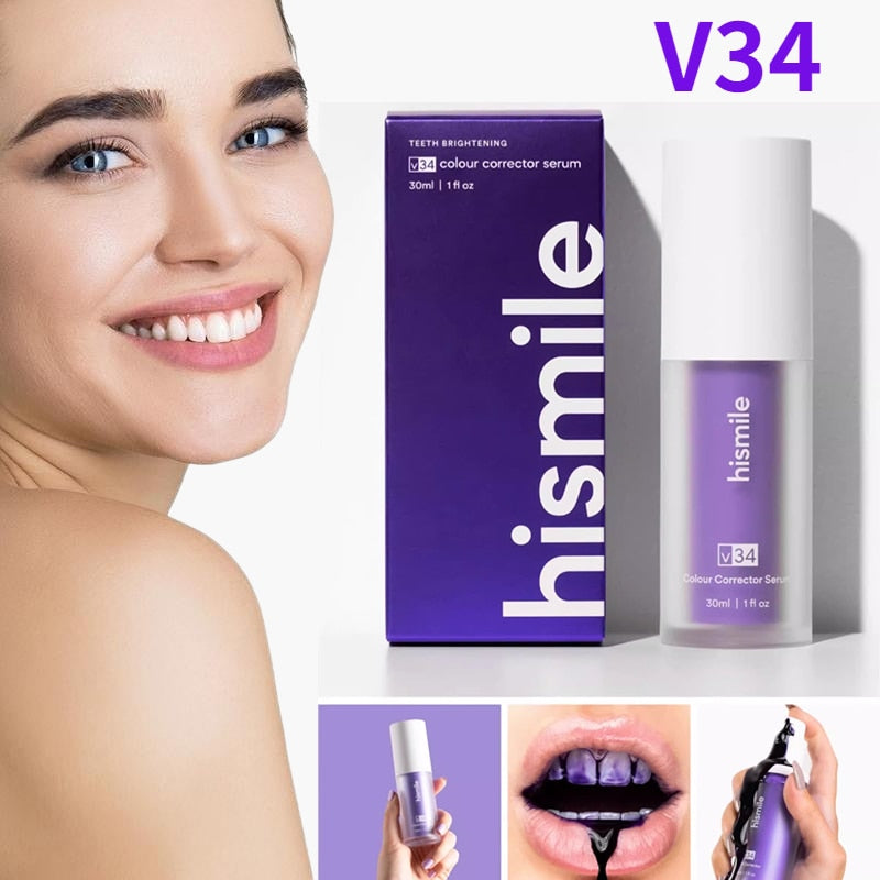 V34 Hismile Purple Toothpaste Tooth White Brightening Toothpaste  Removal Smoke Stain Reduce Yellowing Color Corrector Care 30ml