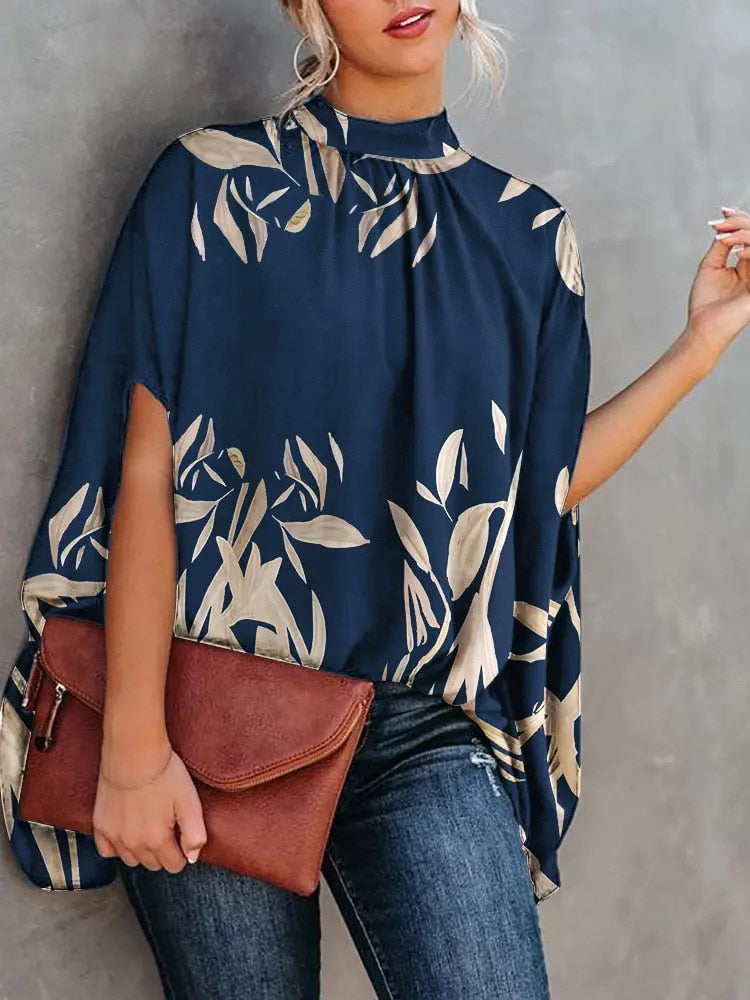 Casual Loose Women&#39;s Blouse Fashion Batwing Sleeve Print O-neck Shirts Top 2023 Spring Summer Office Lady Blouses Elegant Tops - kmtell.com