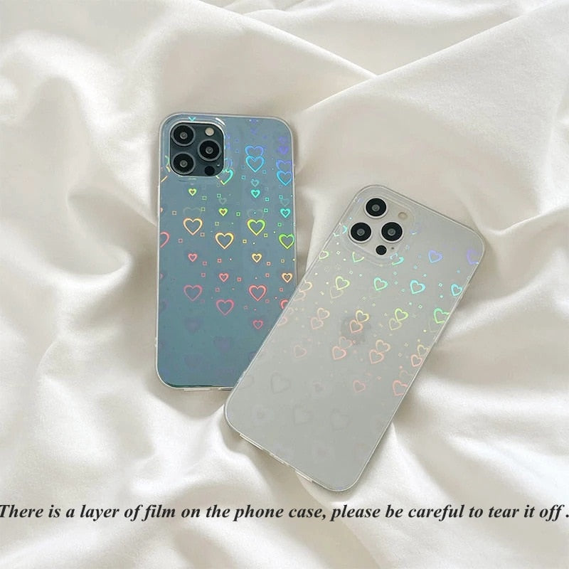 Fashion Gradient Laser Love Heart Pattern Clear Phone Case For iPhone 11 13 12 Pro Max X XS XR 7 8 Plus SE 2020 Shockproof Back - KMTELL