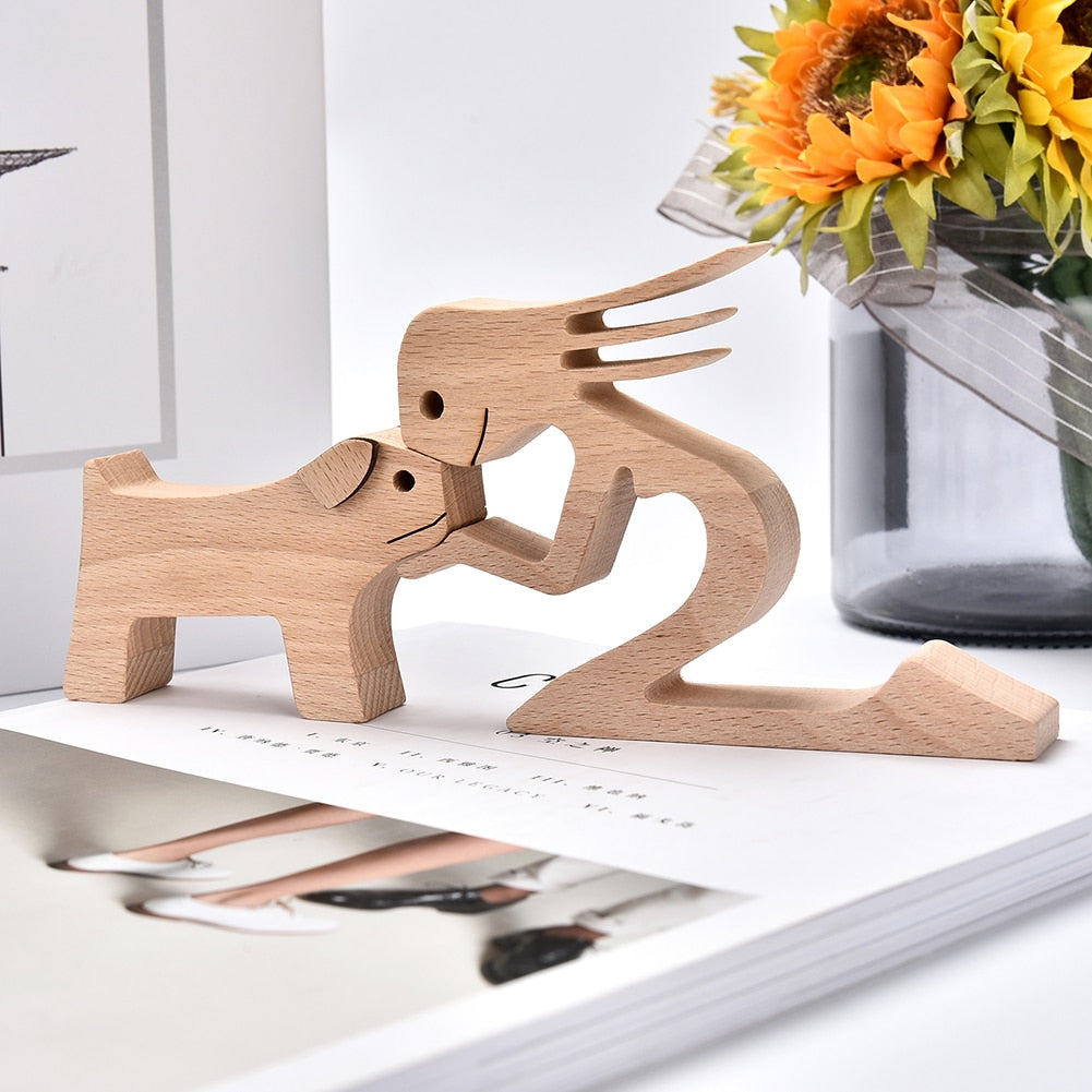 Family Puppy Wood Dog Craft Figurine Desktop Table Ornament Carving Model Home Office Decoration Pet Sculpture Dog Lovers Gifts - KMTELL