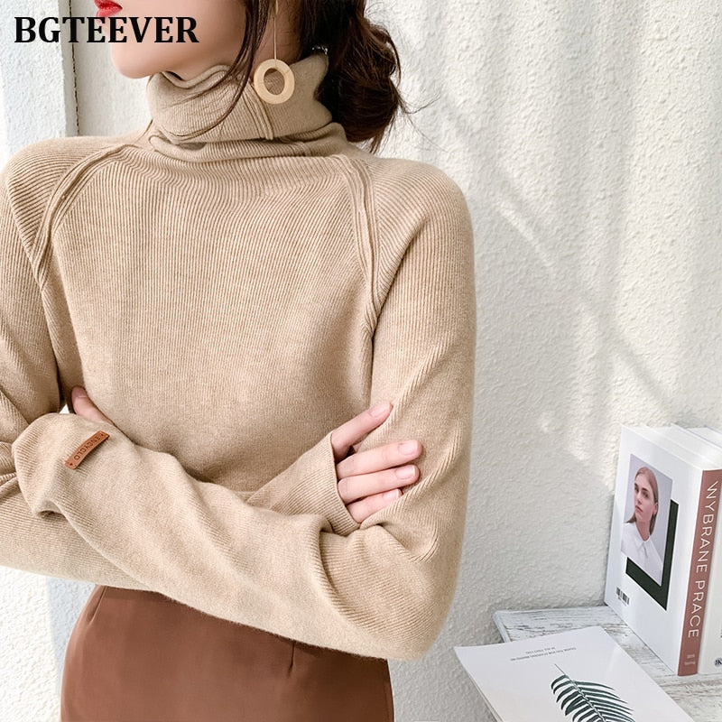 BGTEEVER Autumn Winter Turtleneck Women Sweater Elegant Slim Female Knitted Pullovers Casual Stretched Sweater jumpers femme - KMTELL