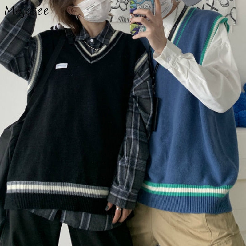 Sweater Vest Men V-neck Shrug Patchwork Knitted Couples Ins Plus Size 3XL Oversize Harajuku Vests Ins Chic Korean Style Leisure - KMTELL