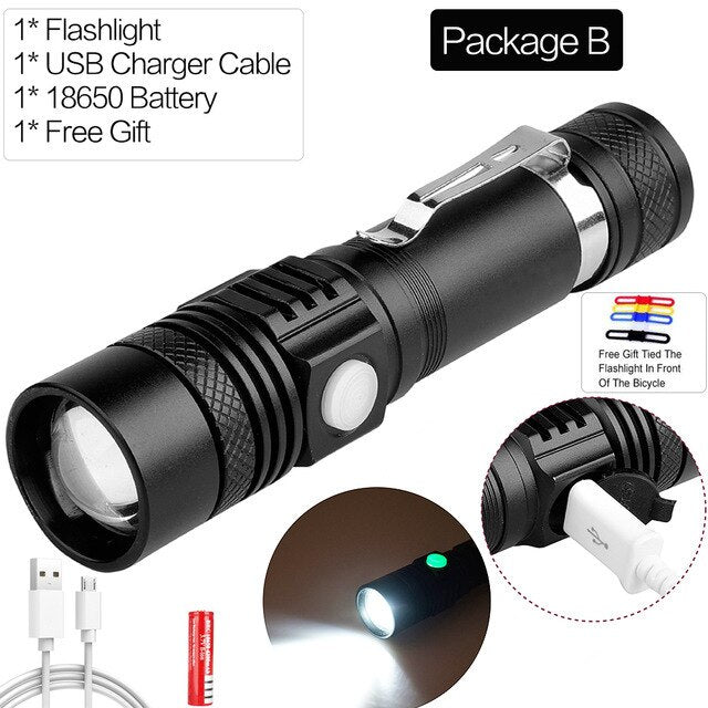 Best selling flashlight led torch 4modes T6/L2/V6 Zoomable lanterna bicycle light power by 1*18650 battery with USB - KMTELL