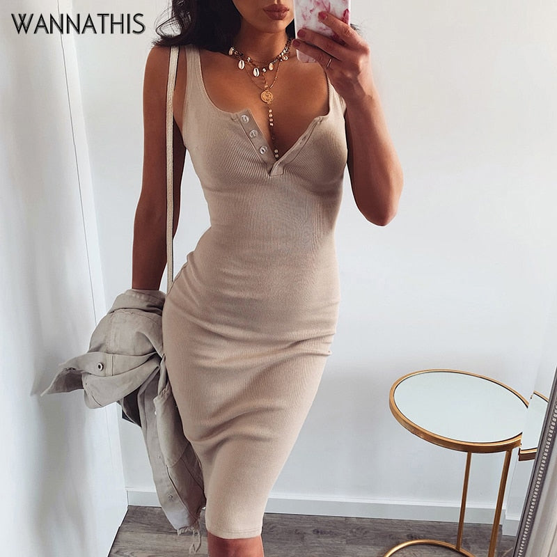 WannaThis Knee-Length Dress Knitted Elastic Sleeveless Bodycon elegant Women 2019 Summer Sexy V-Neck Button Party Slim Dresses - KMTELL