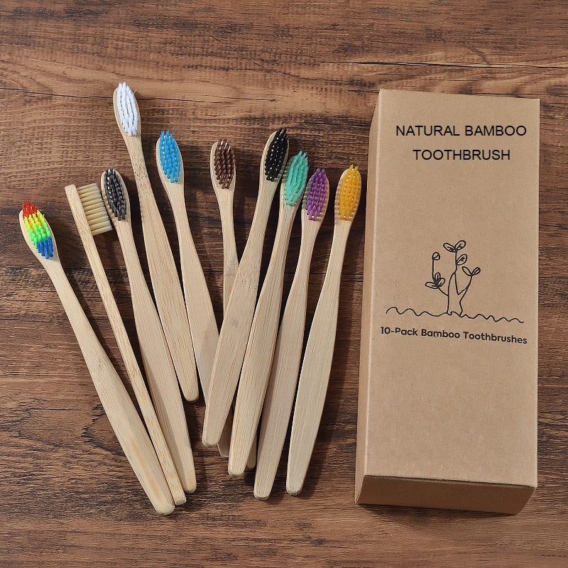 New design mixed color bamboo toothbrush Eco Friendly wooden Tooth Brush Soft bristle Tip Charcoal adults oral care toothbrush - KMTELL