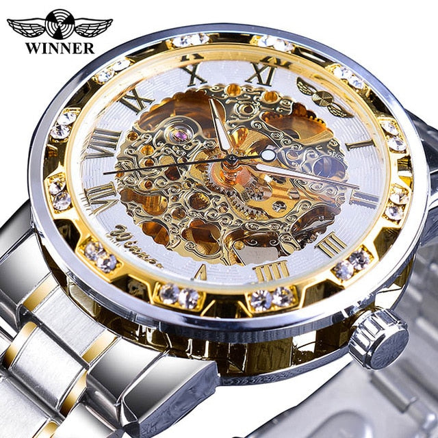 Winner Transparent Fashion Diamond Luminous Gear Movement Royal Design Men Top Brand Luxury Male Mechanical Skeleton Wrist Watch - KMTELL