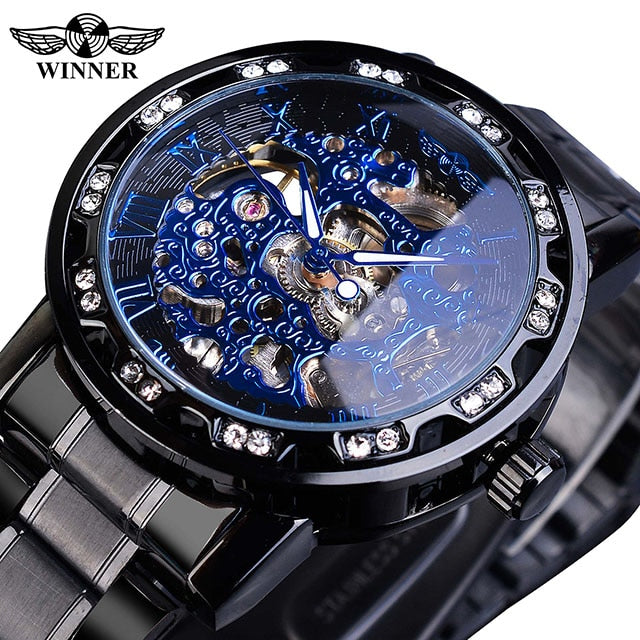 Winner Transparent Fashion Diamond Luminous Gear Movement Royal Design Men Top Brand Luxury Male Mechanical Skeleton Wrist Watch - KMTELL