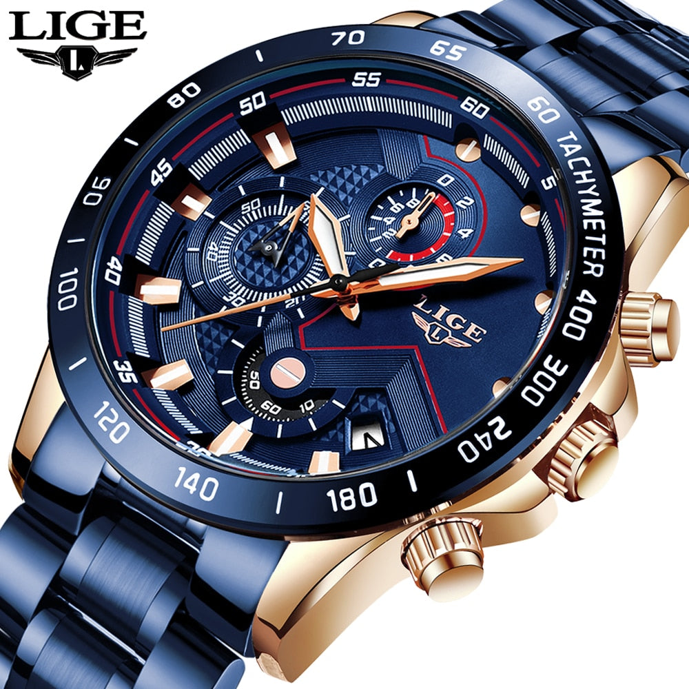 LIGE 2020 New Fashion Mens Watches with Stainless Steel Top Brand Luxury Sports Chronograph Quartz Watch Men Relogio Masculino - KMTELL