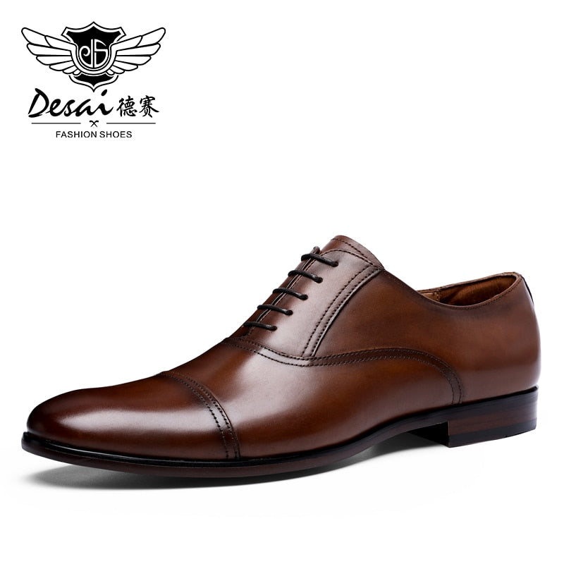 DESAI Brand Full Grain Genuine Leather Business Men Dress Shoes Retro Patent Leather Oxford Shoes For Men EU Size 38-47 - KMTELL