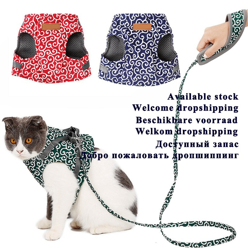 Pet Dog Cat Vest Outdoor Travel Harness Leash Set for Puppy Cat Rabbit Floral Pattern Kitten Walking Harnesses Pet Cat Products - KMTELL