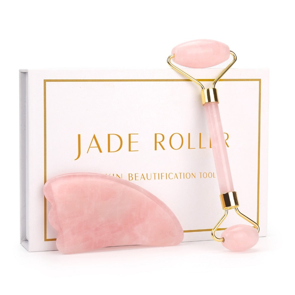 Rose Quartz Roller Slimming Face Massager Lifting Tool Natural Jade Facial Massage Roller Stone Skin Massage Beauty Care Set Box - KMTELL