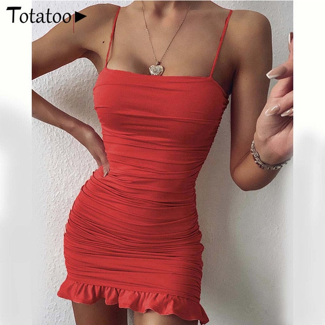 Totatoop Lace Up V Neck Ruched Bodycon Mini Dress Women 2020 Summer Hollow Out Ruffles Sundress Beachwear Vestidos - KMTELL