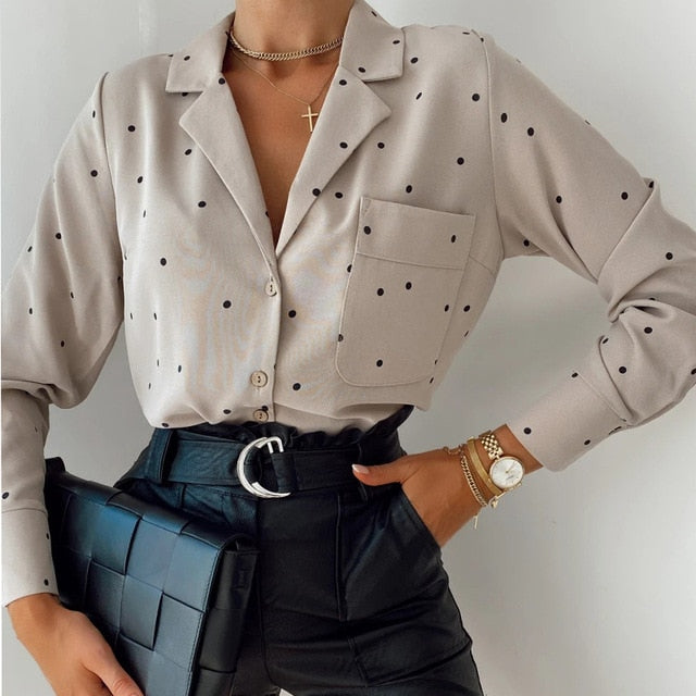 Pockets Polka Dot Printed Casual Women Blouse Ladies Long Sleeve Turn Down Collar Office Work Fashion 2020 Autumn Tops - KMTELL