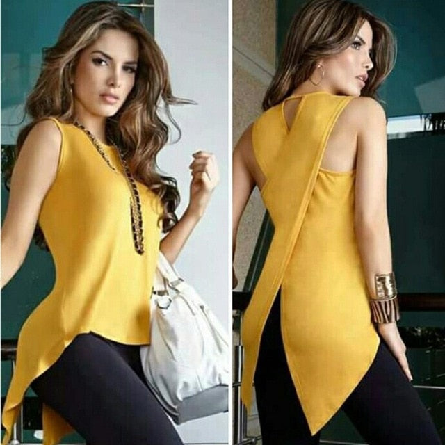 Women Sexy Sleeveless O Neck Tops Casual Slim Fit Irregular Patchwork Solid Blouse Plus Size - KMTELL