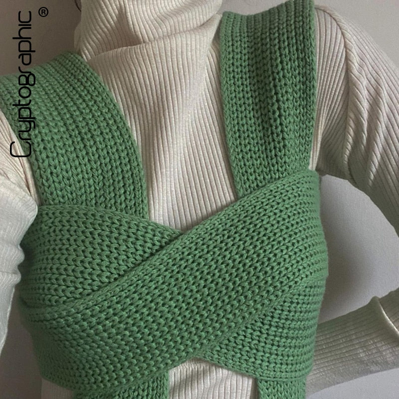 Cryptographic Fall Winter Knitted Crop Tops Sweaters Sleeveless Pullover Female Bandage Sweater Solid Chic Fashion Top Women - KMTELL