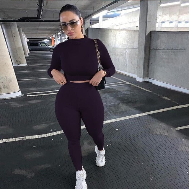 Two Piece Sets Women Solid Autumn Tracksuits High Waist Stretchy Sportswear Hot Crop Tops And Leggings Matching Outfits - KMTELL