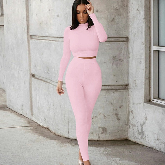 Two Piece Sets Women Solid Autumn Tracksuits High Waist Stretchy Sportswear Hot Crop Tops And Leggings Matching Outfits - KMTELL