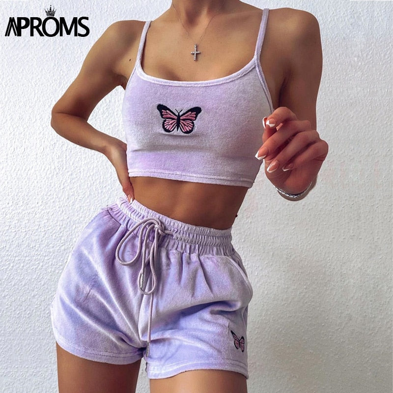 Aproms Yellow Velvet Crop Top and Shorts Women 2 Pieces Set Summer Embroidery Cami Drawstring Shorts Female Loungewear Suit 2021 - KMTELL