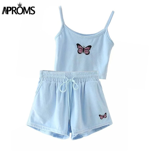 Aproms Yellow Velvet Crop Top and Shorts Women 2 Pieces Set Summer Embroidery Cami Drawstring Shorts Female Loungewear Suit 2021 - KMTELL