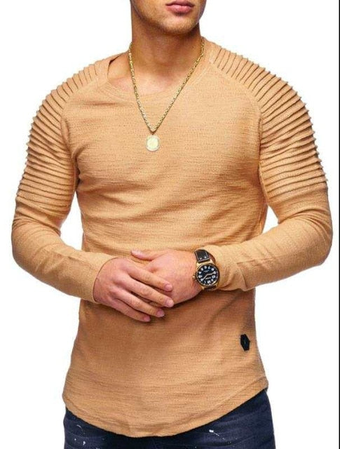 Hot 2021 Solid Color Sleeve Pleated Patch Detail Long Sleeve T-Shirt Men Spring Casual Tops Pullovers Fashion Slim Basic Tops - KMTELL
