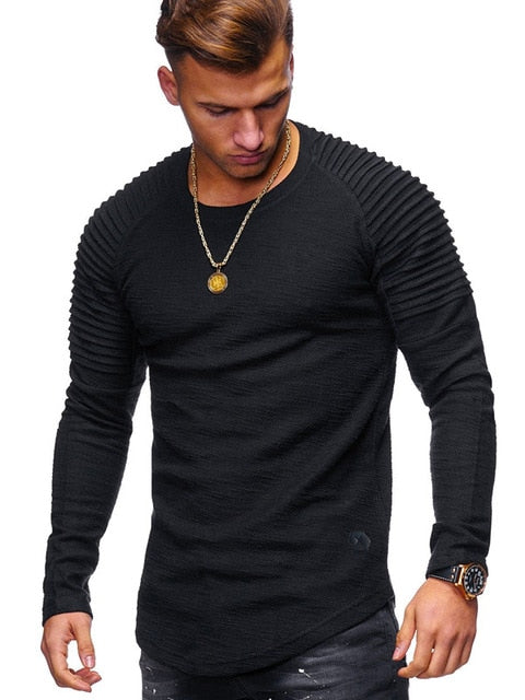 Hot 2021 Solid Color Sleeve Pleated Patch Detail Long Sleeve T-Shirt Men Spring Casual Tops Pullovers Fashion Slim Basic Tops - KMTELL