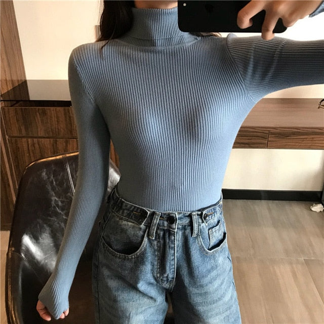 2021 Autumn Winter Thick Sweater Women Knitted Ribbed Pullover Sweater Long Sleeve Turtleneck Slim Jumper Soft Warm Pull Femme - KMTELL