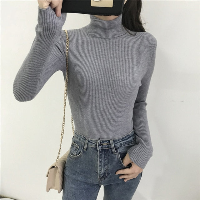 2021 Autumn Winter Thick Sweater Women Knitted Ribbed Pullover Sweater Long Sleeve Turtleneck Slim Jumper Soft Warm Pull Femme - KMTELL