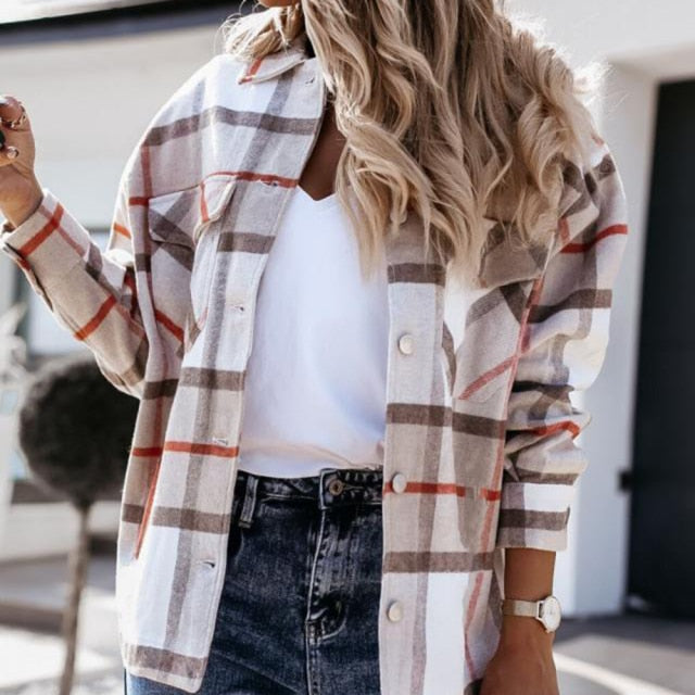 Shirts For Women Plaid Long Sleeve Button Up Shirt Collared Tops And Blouse 2021 Autumn Spring Fashion Loose Casual Black White - KMTELL