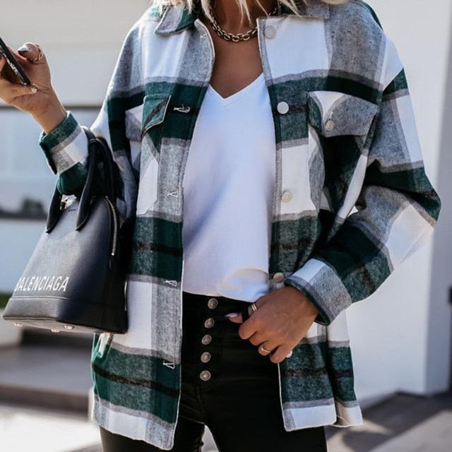 Shirts For Women Plaid Long Sleeve Button Up Shirt Collared Tops And Blouse 2021 Autumn Spring Fashion Loose Casual Black White - KMTELL
