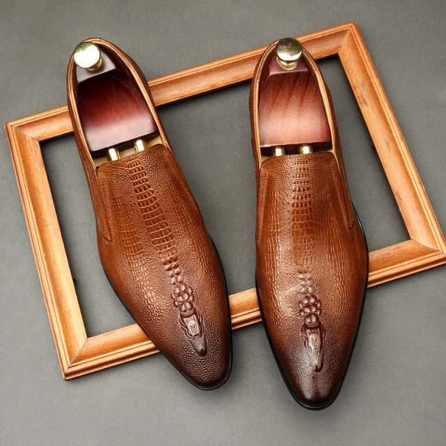 Handmade Mens Wedding Oxford Shoes Black Khaki Genuine Leather Brogue Men's Dress Shoes Slip On Business Formal Shoes For Men - KMTELL