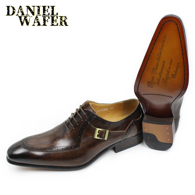 LUXURY LEATHER MEN SHOES CASUAL MEN OFFICE BUSINESS WEDDING SHOE COFFEE BLACK LACE-UP BUCKLE STRAP POINTED OXFORD SHOES FOR MEN - KMTELL