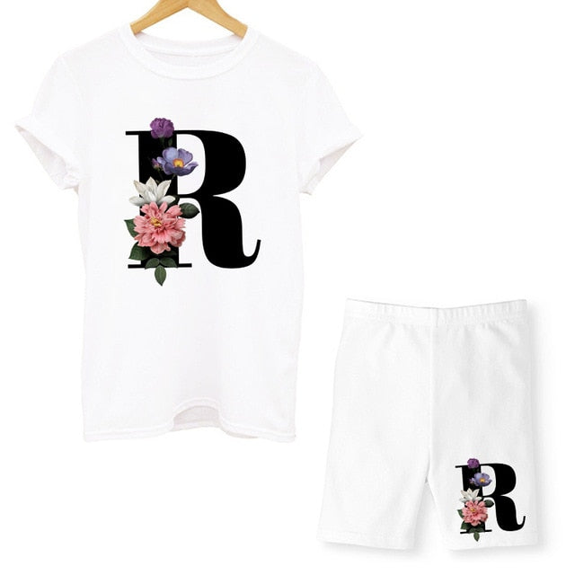 Women Two Piec Set Letter T Shirts And Shorts Set Summer Short Sleeve O-neck Casual Joggers Biker Shorts Sexy Outfit For Woman - KMTELL
