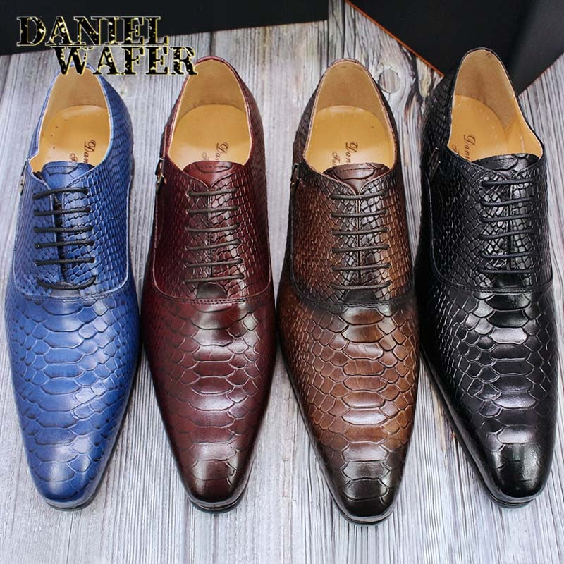 Fashion Men Dress Leather Shoes Snake Skin Prints Classic Style Wine Blue Coffee Black Lace Up Pointed Men Oxford Formal Shoes - KMTELL