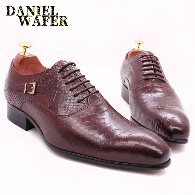 Fashion Men Dress Leather Shoes Snake Skin Prints Classic Style Wine Blue Coffee Black Lace Up Pointed Men Oxford Formal Shoes - KMTELL