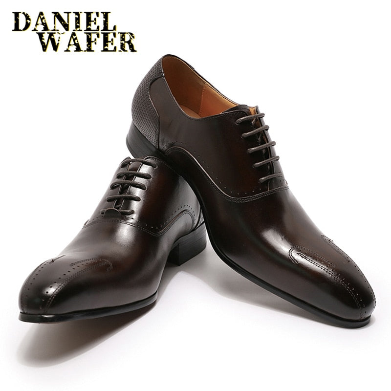 LUXURY MEN SHOES GENUINE LEATHER LACE UP OFFICE BUSINESS SHOES FORMAL BROGUE POINTED TOE OXFORDS WEDDING SHOES WINTER - KMTELL