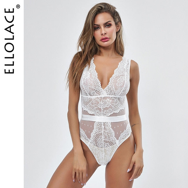 Ellolace Summer Lace Bodysuit Women Floral Embroidery Deep V Neck Sexy Bodysuit Dot Patchwork Jumpsuit Overalls 2019 Femlae Body - KMTELL