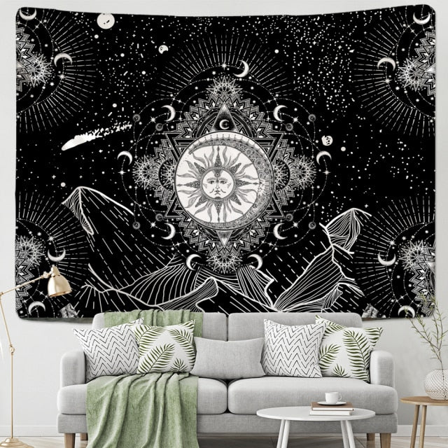 Large Tapestry White Black Sun Moon Mandala Tarot Tapestries Wall Hanging Celestial Hippie Wall Carpet Rugs Dorm Decor - KMTELL