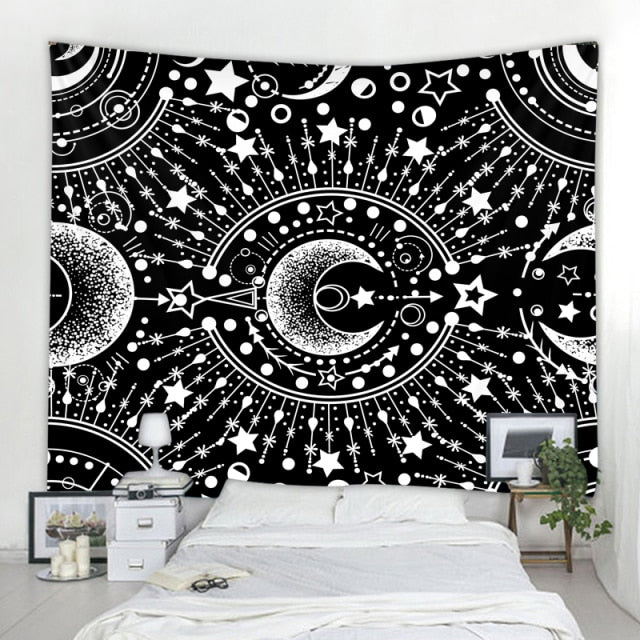 Large Tapestry White Black Sun Moon Mandala Tarot Tapestries Wall Hanging Celestial Hippie Wall Carpet Rugs Dorm Decor - KMTELL