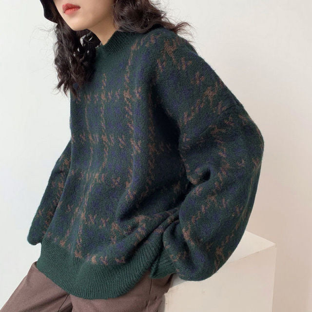 Women Pullover Patchwork Loose Lantern Sleeve Simple Knitted Sweater Female Elegant All-match Trendy Oversize Streetwear Clothes - KMTELL