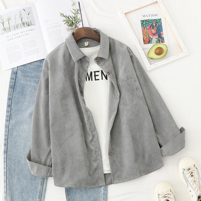 Corduroy Women Blouses Shirts Tunic Womens Tops And Blouses 2021 Womenswear Long Sleeve Clothing Button Up Down Loose White New - KMTELL