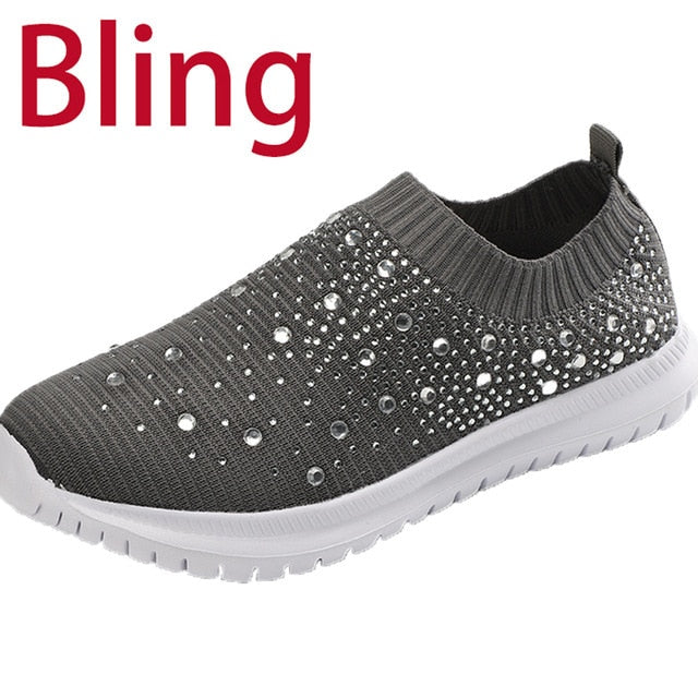 Summer Sneakers Women Flat Shoes Crystal Fashion Bling Sneakers Casual Slip On Sock Trainers Ladies Vulcanize Shoes Basket Femme - KMTELL