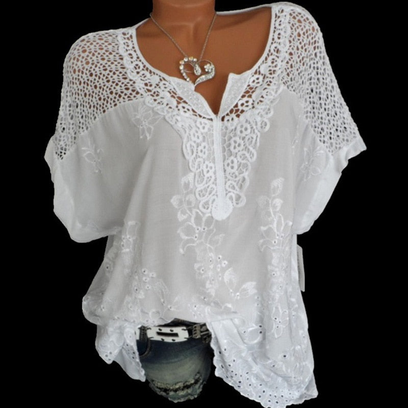 2021 Summer Short Sleeve Womens Blouses And Tops Loose White Lace Patchwork Shirt Plus Size 4xl 5xl Women Tops Casual Clothes - KMTELL