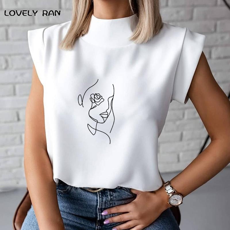 Women's Blouse Thin Abstract Art Rose Face Print O-Neck Short Sleeve White Female Casual Shirt Slim 2021 Summer Office Lady Tops - KMTELL
