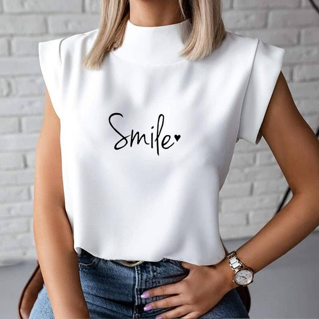 Women's Blouse Thin Abstract Art Rose Face Print O-Neck Short Sleeve White Female Casual Shirt Slim 2021 Summer Office Lady Tops - KMTELL