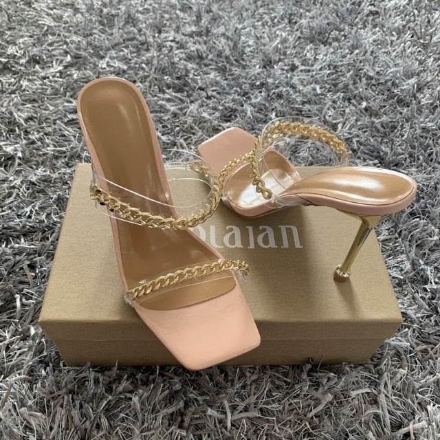 Summer Pumps Fashion Chain Slippers Sandals Shoes Women Thin High Heels Slip On Square Toe Slides Sandal Lady Pump Shoes Mules - KMTELL