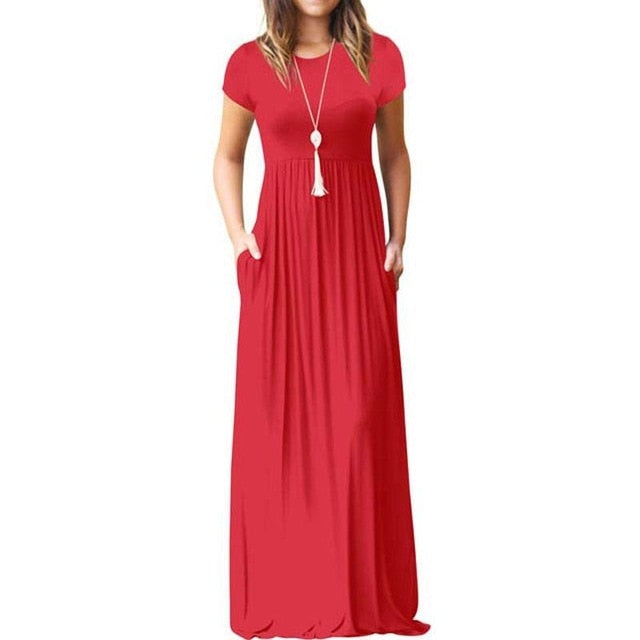 2021 Elegant Long Summer Dress Women Short Sleeve Maxi Dress Ladies Party Casual Dresses Female Robe Femme Green Red XXL - KMTELL